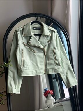 Zara Light Mint Faux Leather Biker Jacket